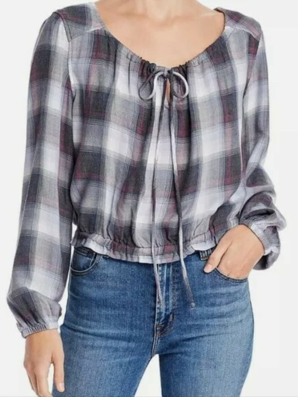 Anthropologie cloth & stone Plaid Off-Shoulder Tie-Front Boho Crop Top Small